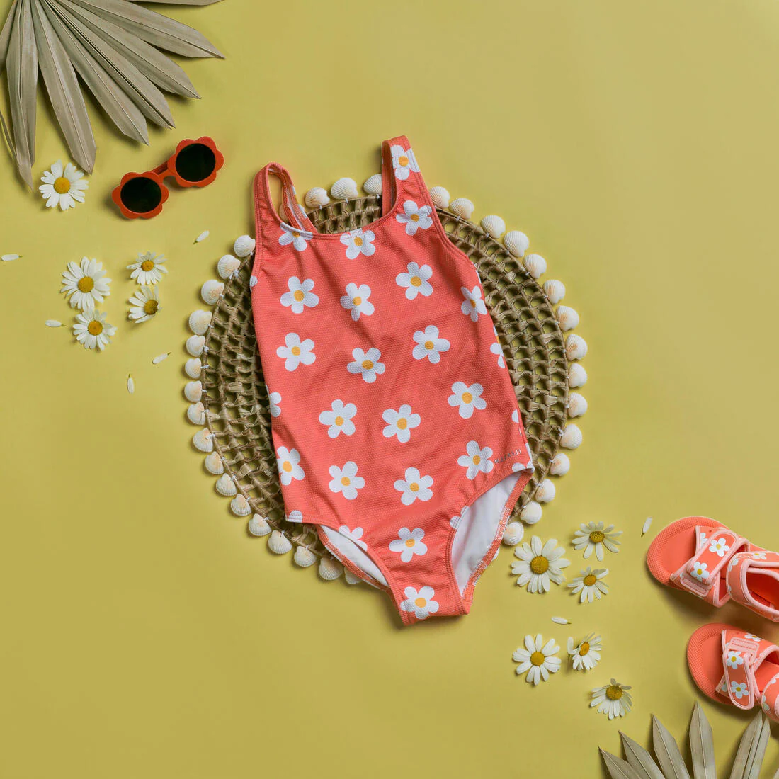 Baby Girls' 1-Piece Swimsuit waffle texture coral Flower print - Image 6