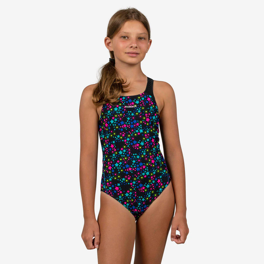 Teen girls’ swimming 1-piece swimsuit - 500 Kamyleon sky black green