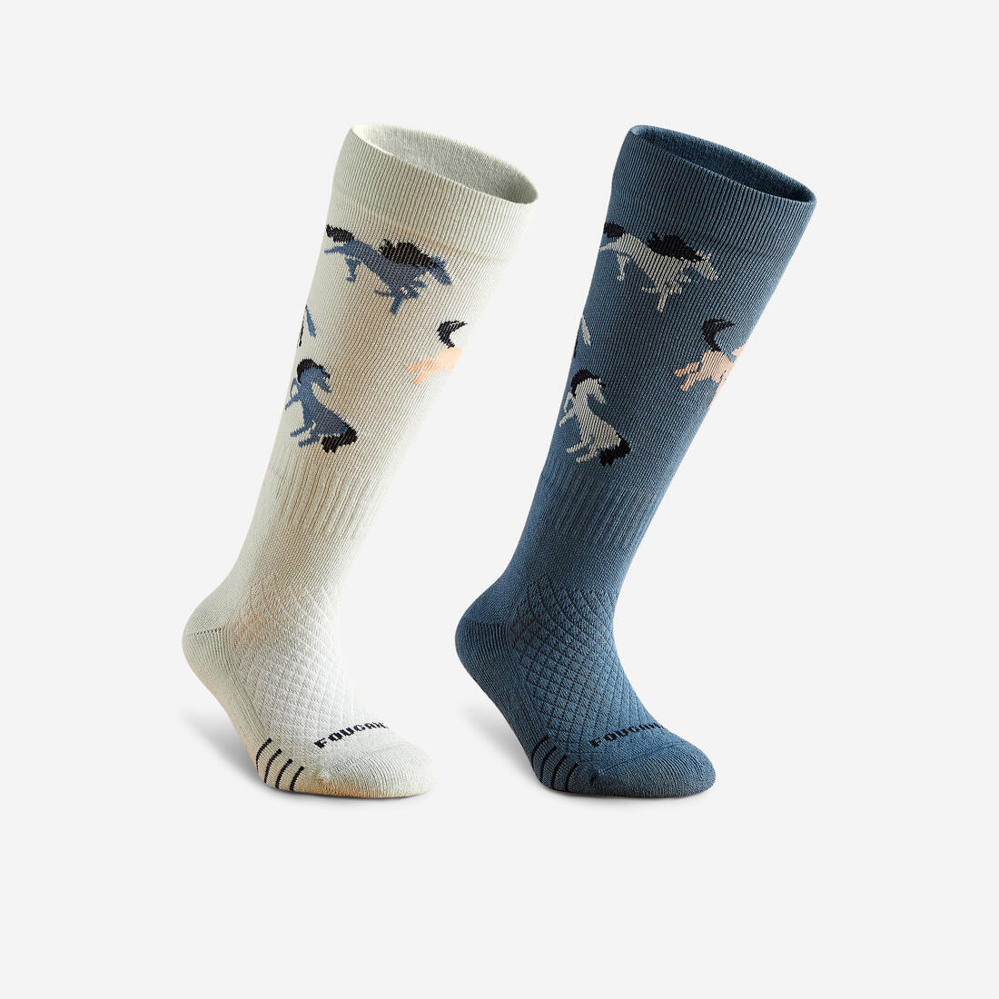 Kids' Horse Riding Socks SKS 500 Twin-Pack - Navy/Pink Pony Print - Image 2