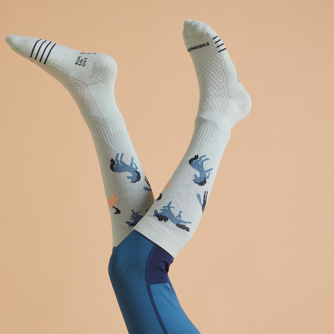 Kids' Horse Riding Socks SKS 500 Twin-Pack - Navy/Pink Pony Print - Image 5