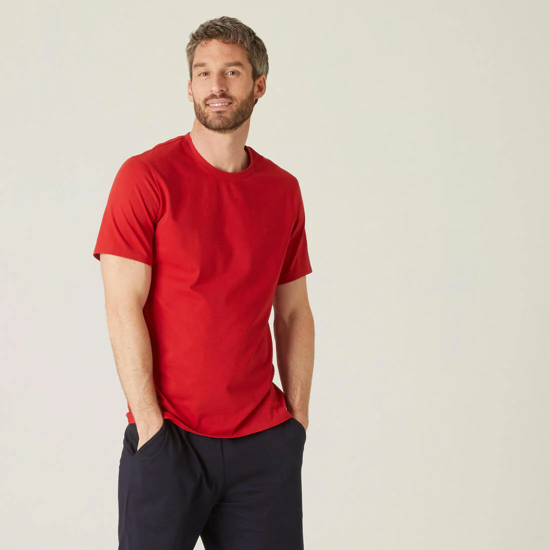 Men's Short-Sleeved Straight-Cut Crew Neck Cotton Fitness T-Shirt 500 Garnet - Image 17