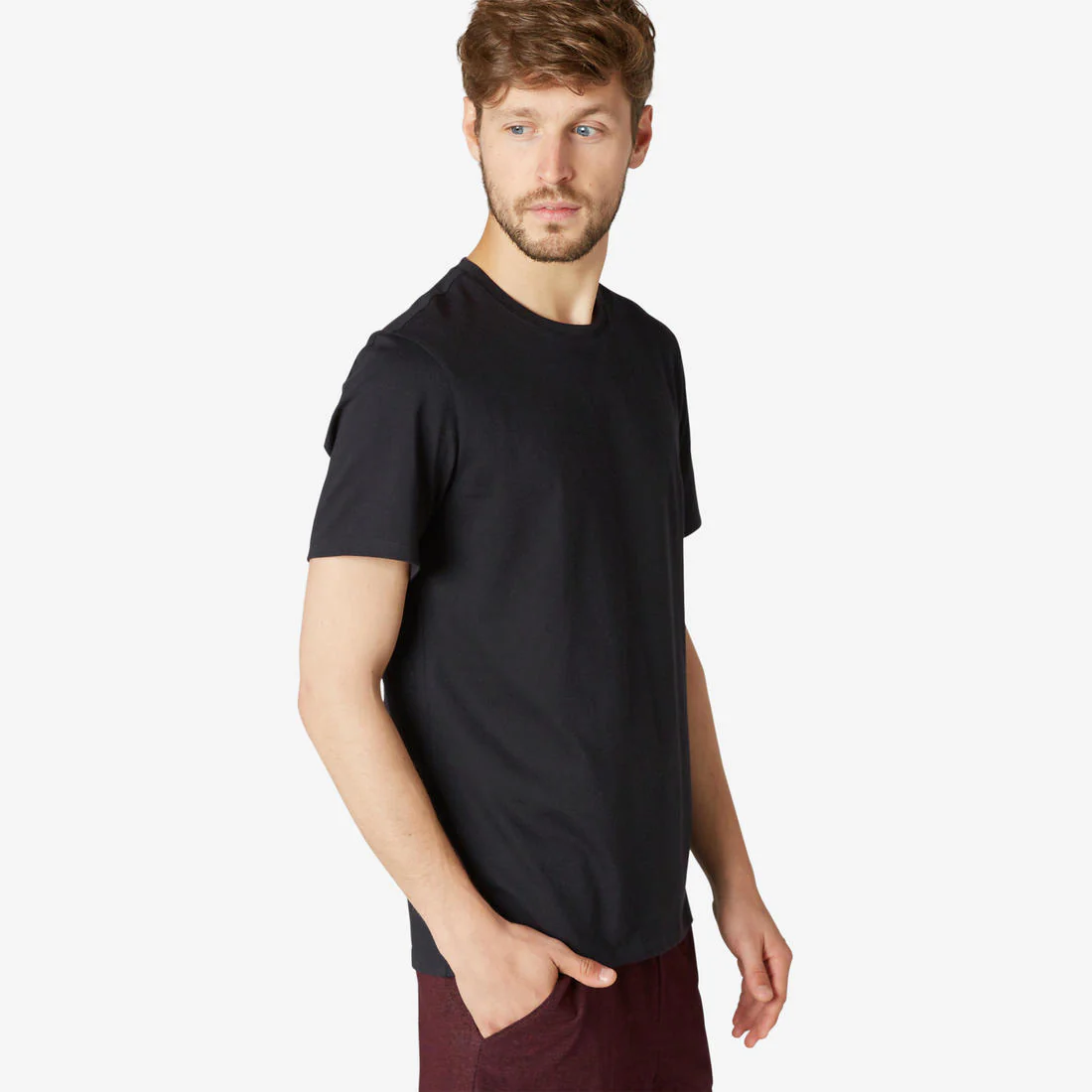 Men's Short-Sleeved Straight-Cut Crew Neck Cotton Fitness T-Shirt 500 Garnet - Image 41