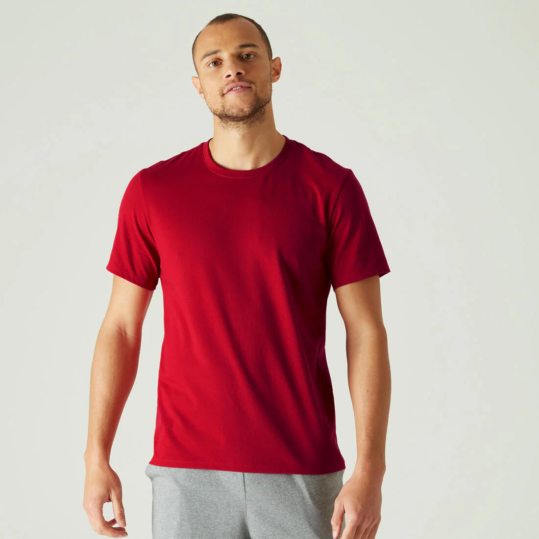 Men's Short-Sleeved Straight-Cut Crew Neck Cotton Fitness T-Shirt 500 Garnet - Image 47