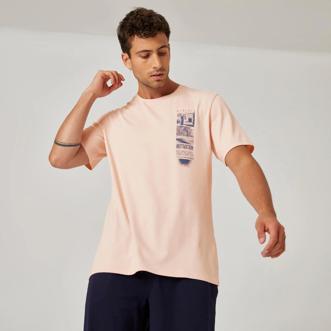 Men's Short-Sleeved Straight-Cut Crew Neck Cotton Fitness T-Shirt 500 - Glacier