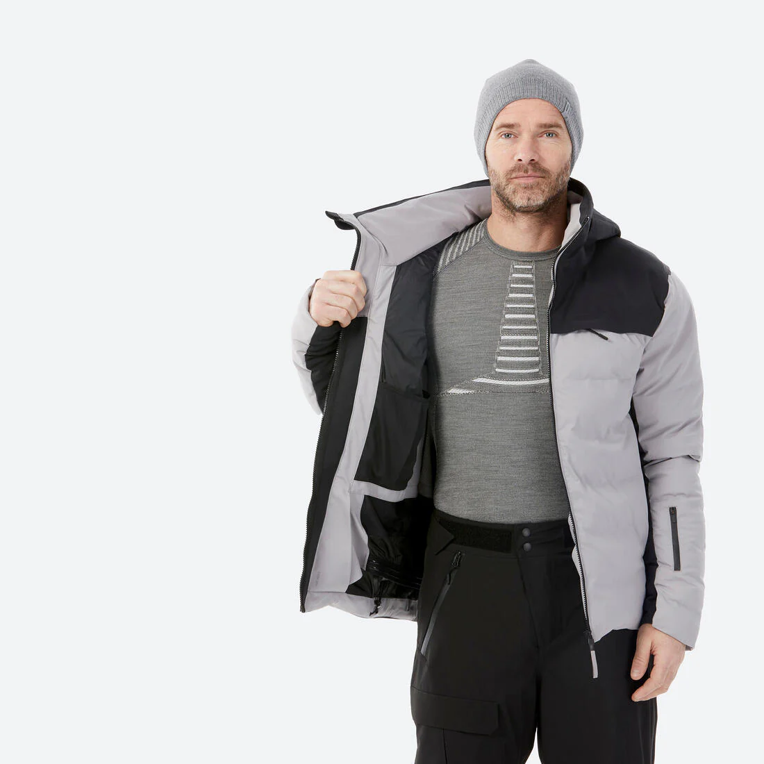 Men’s ultra-warm & ventilated ski and snowboard padded jkt 500 Warm Grey & - Image 6