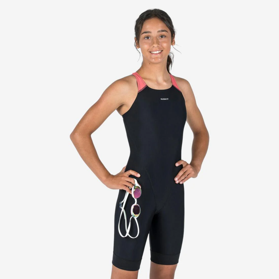 Teen girlsâ 1-piece swimsuit shorty Kamyleon black