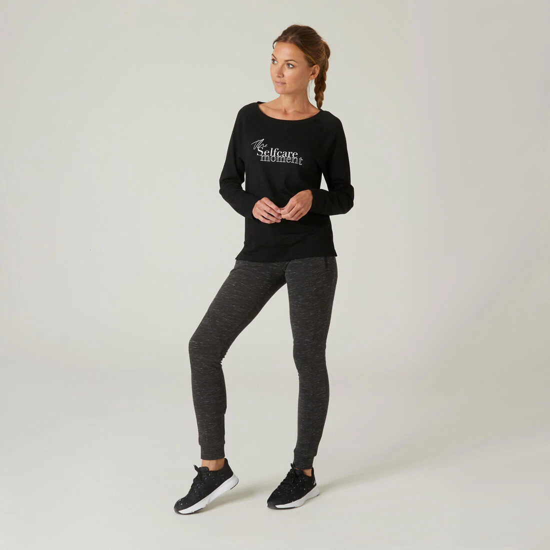 Women's Long-Sleeved Straight-Cut Crew Neck Synthetic Fitness T-Shirt 500 - Black - Image 3