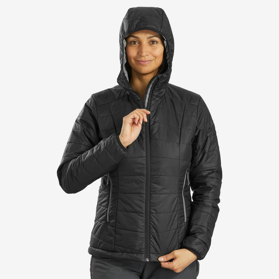 Women’s synthetic trekking padded jacket with hood, MT100
