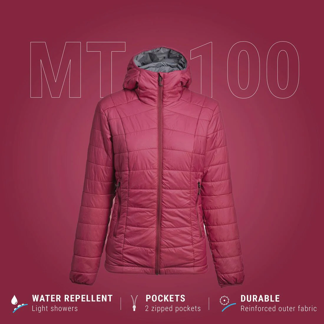Women’s synthetic trekking padded jacket with hood, MT100 - Image 2