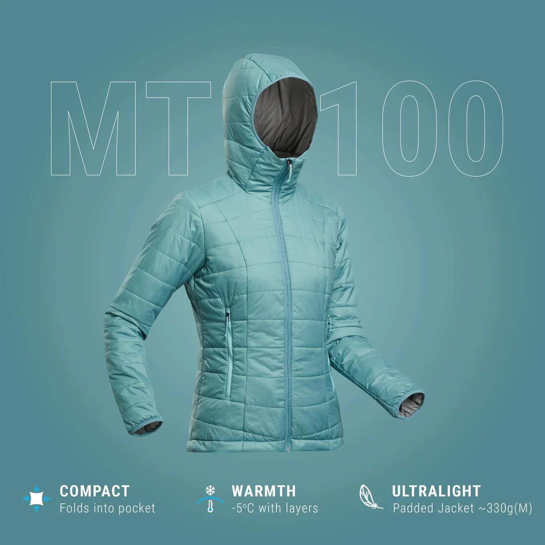Women’s synthetic trekking padded jacket with hood, MT100 - Image 3