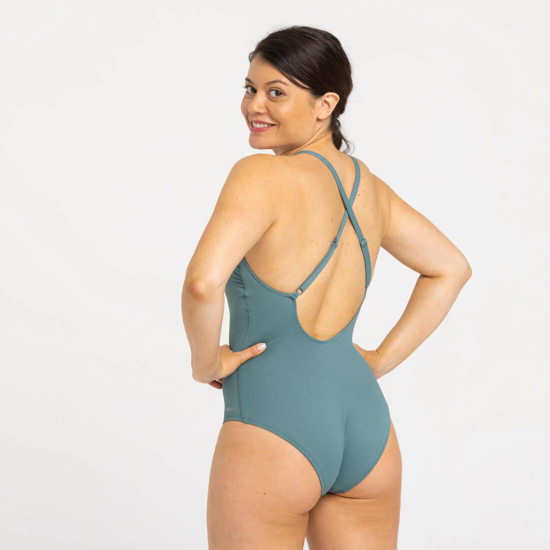 Women’s textured high neckline 1-piece swimsuit Lila high khaki - Image 2