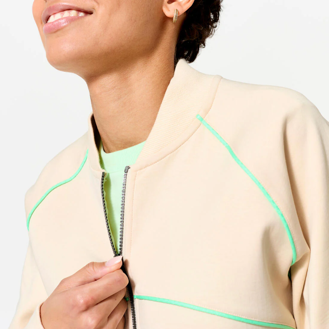 Women's Zipped Bomber Jacket - Beige with Piping - Image 12