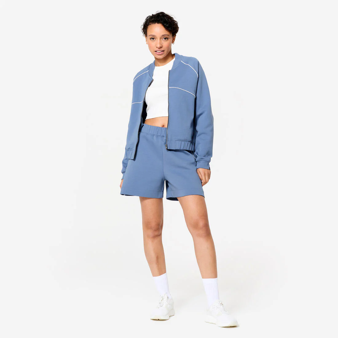 Women's Zipped Bomber Jacket - Beige with Piping - Image 3
